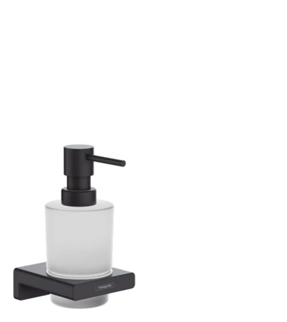 Lotionspender von Hansgrohe mit mattschwarzem Pumpkopf und transparentem Behälter, montiert auf schwarzem Halter. Ideal für Badezimmeranwendungen.